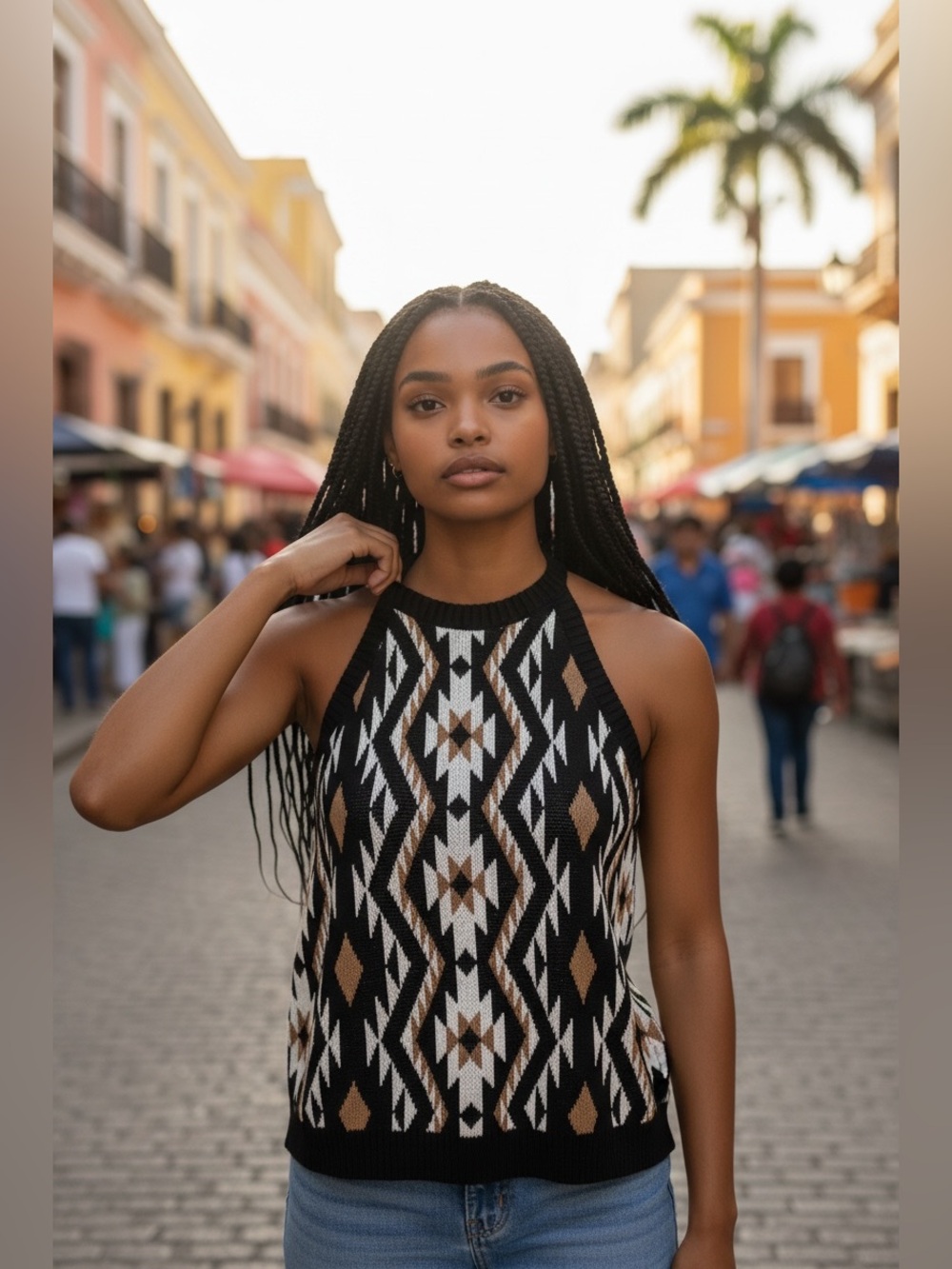 Black Aztec-Print Halter Knit Tank Top 100% Cotton